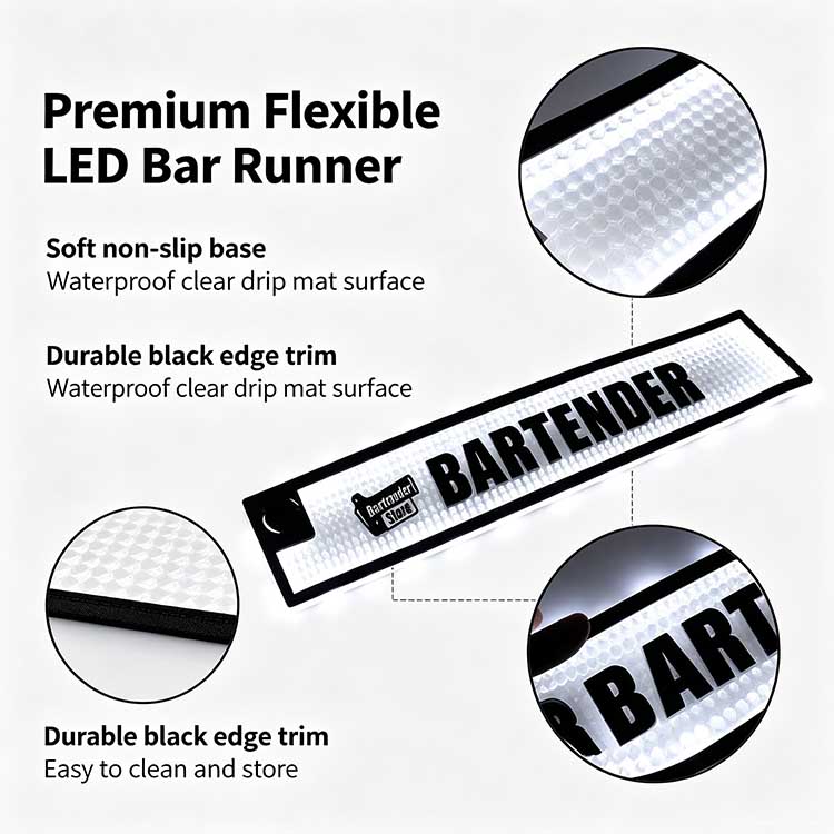 Premium soft silicone material infographic of custom LED bar runner, thick textured anti-slip drip surface, waterproof flexible silicone illuminated bar mat material closeup
