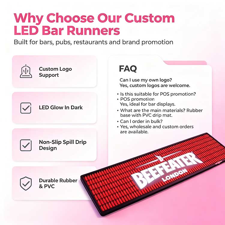 Manufacturer advantage infographic of custom LED glow bar runner, fast production, durable material, full custom printing, low MOQ bulk order service for global liquor brand buyers