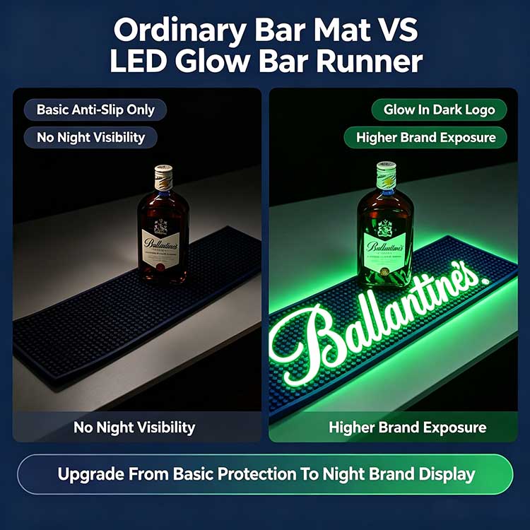 Comparison between ordinary bar mat and LED glow bar runner, showing night visibility, brand display and promotional advantages for bars and whisky events.