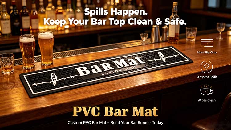 PVC bar mat with non-slip grip catching beer spills on pub bar top