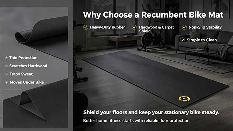 Comparison of a thin mat versus a heavy-duty recumbent bike mat for floor protection.