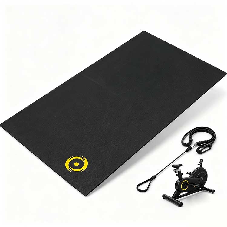 Blank black recumbent bike mat with a yellow custom logo, displayed on a white background for OEM branding.