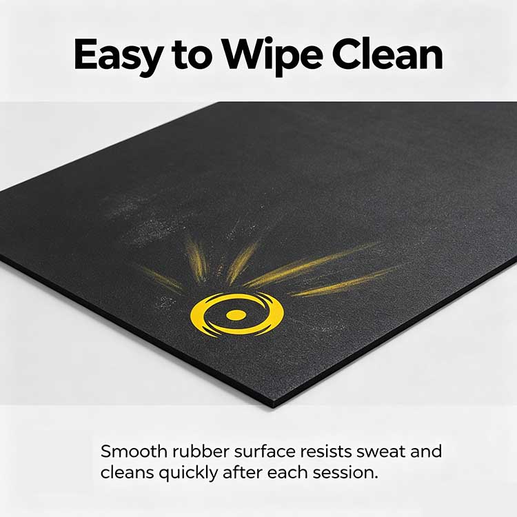 Smooth rubber surface of a recumbent bike mat resisting sweat and dust for effortless daily cleaning.