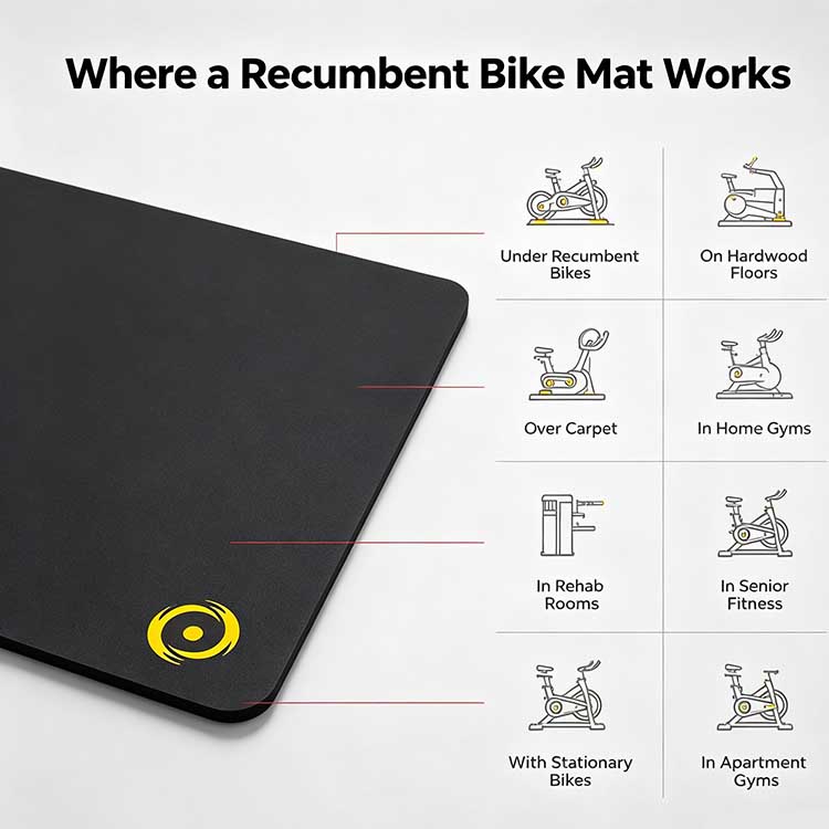 Recumbent bike mat protecting floors in global fitness environments from Germany to Mexico.