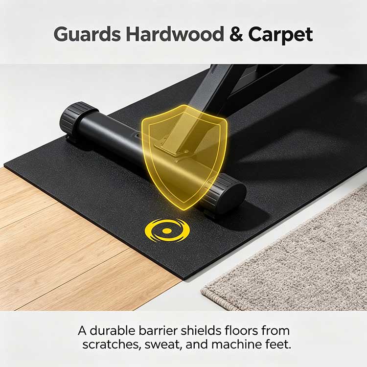 Recumbent bike mat shielding hardwood and carpet floors from scratches, sweat, and heavy machine feet.
