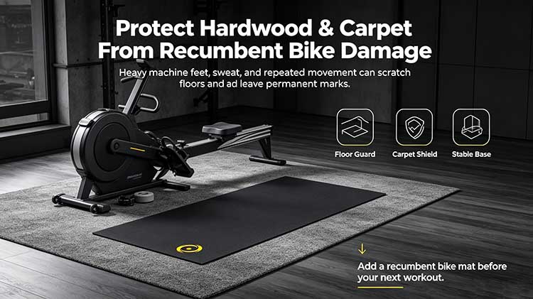 Heavy-duty recumbent bike mat protecting hardwood and carpet floors from machine damage and sweat.