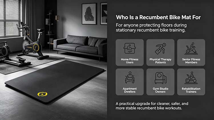 Recumbent bike mat targeting home fitness users, physical therapy patients, and senior fitness members.
