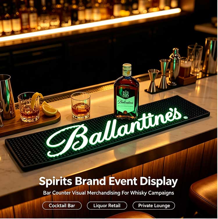 LED bar mat for whisky brand events, custom luminous bar runner with bottle display for pop-up campaigns, cocktail bars and spirits retail merchandising.