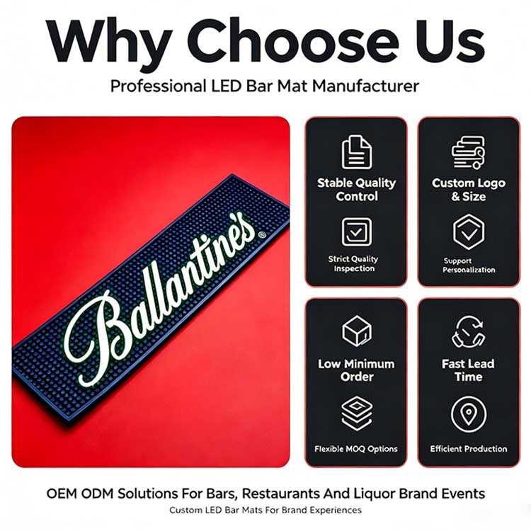 Professional LED bar mat manufacturer, custom logo, stable quality control, low minimum order, fast lead time and OEM ODM service for bars and liquor brands.