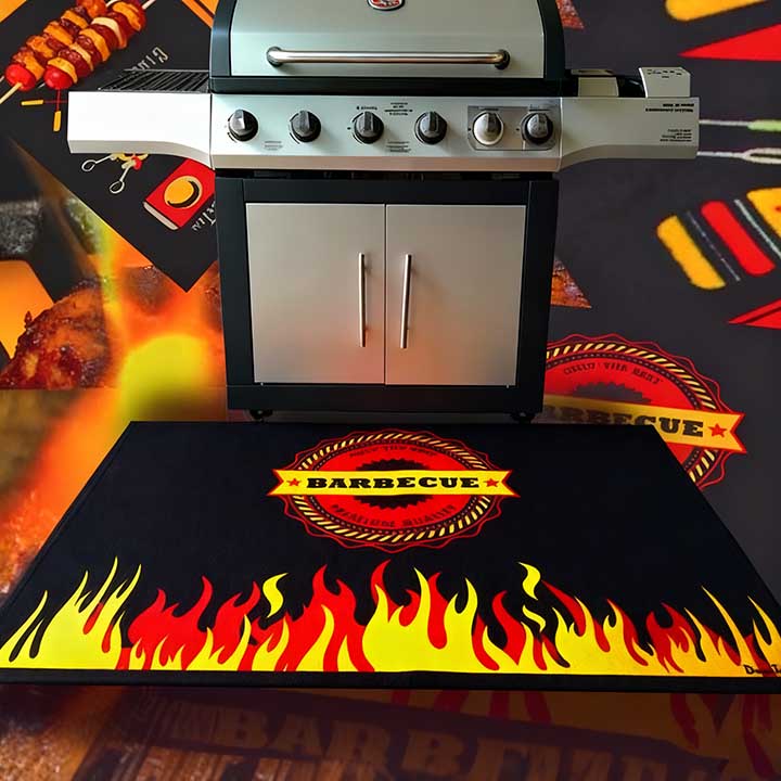 Fire Oil Resistant Custom Promotion Logo Printed PVC Floor Mat Door Rug Rubber Entrance Doormat For BBQ Barbecue Grill
