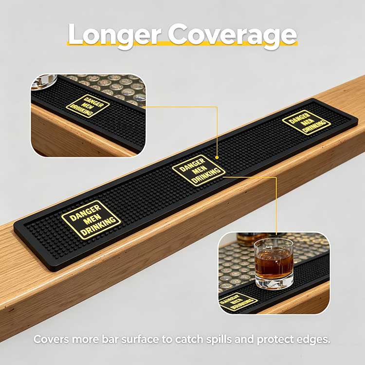 Extra large bar mat providing longer coverage and edge protection on bar counter