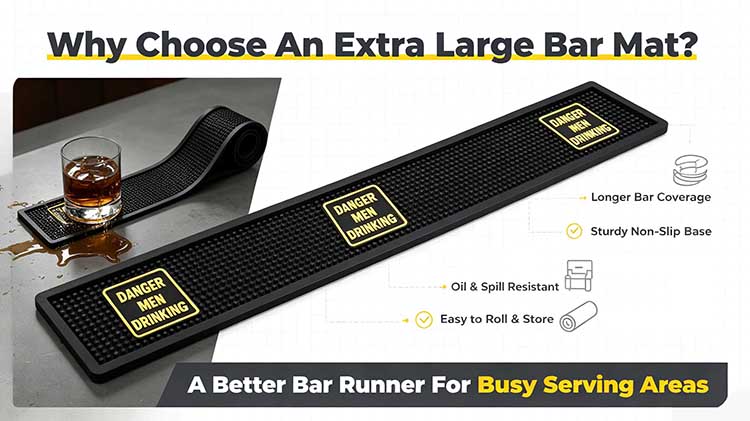 Extra large bar mat with longer coverage non-slip base and oil spill resistance