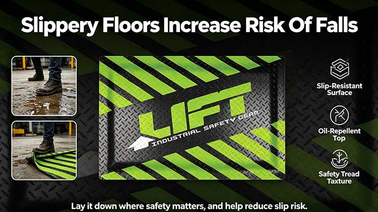 High-visibility safety mat with neon green tread and thick rubber base preventing slips in industrial workshops.