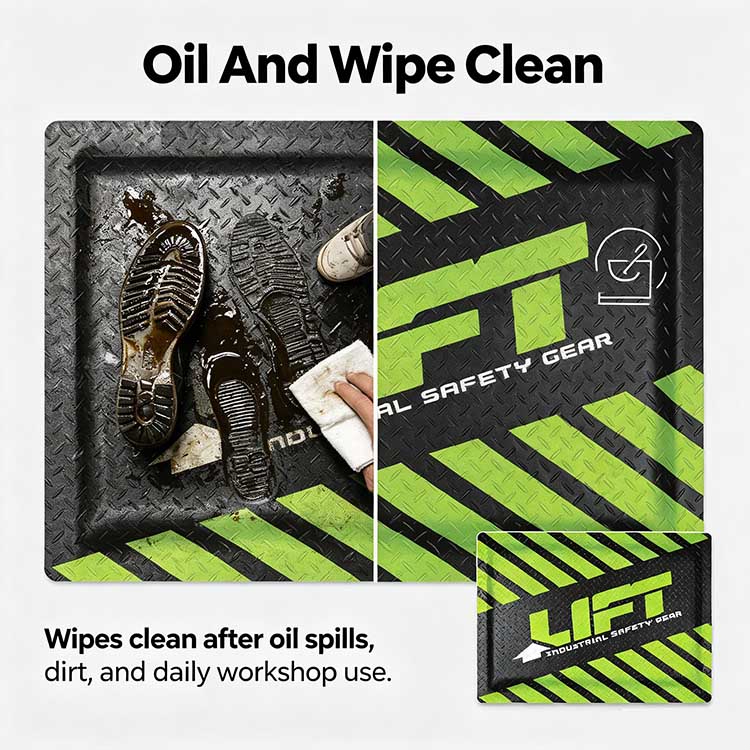 Safety mat repelling heavy black oil on one side and being wiped perfectly clean with a cloth.