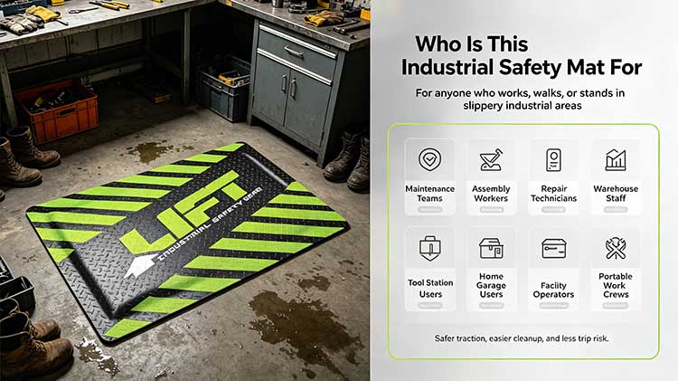 Safety mat targeting maintenance teams, assembly workers, and facility operators for protection.