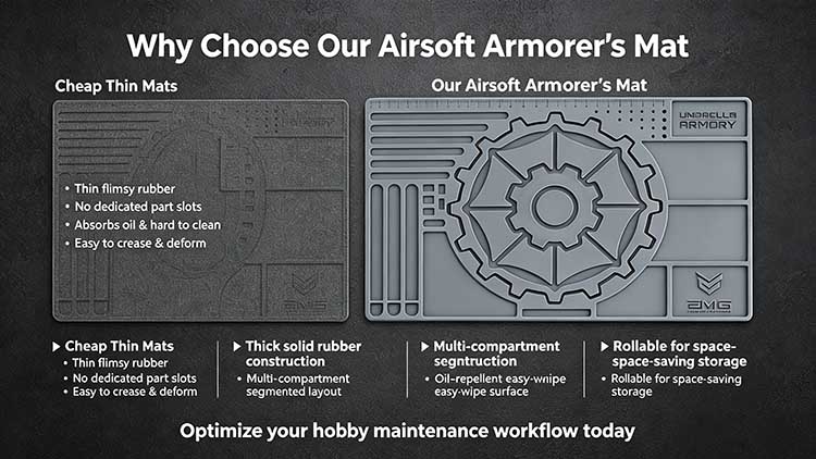 Comparison of heavy-duty airsoft armorer's mat versus cheap thin pads.