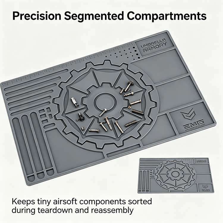 Central gear pattern and segmented compartments on an airsoft mat organizing small parts.