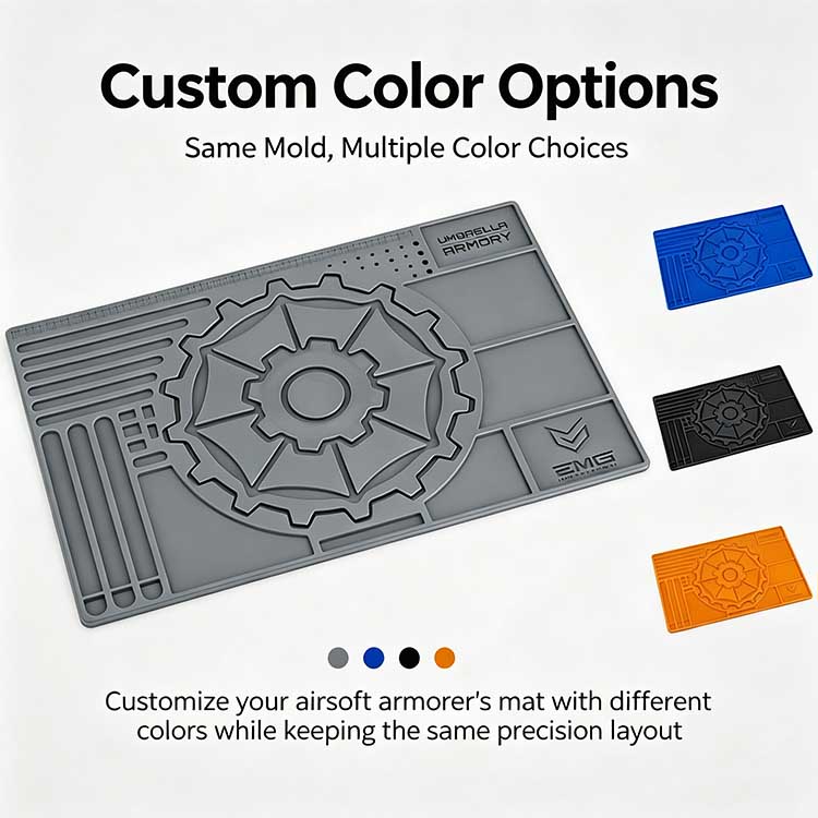 Airsoft armorer's mat available in grey, blue, orange, and black custom colors.