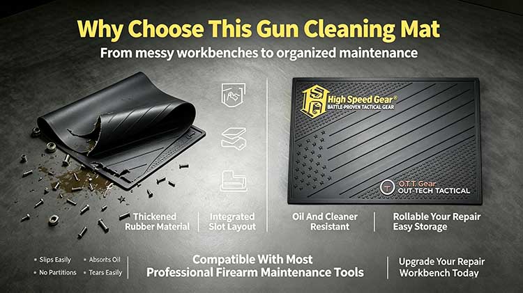 Comparison of a torn cheap mat versus a durable heavy-duty gun cleaning mats.