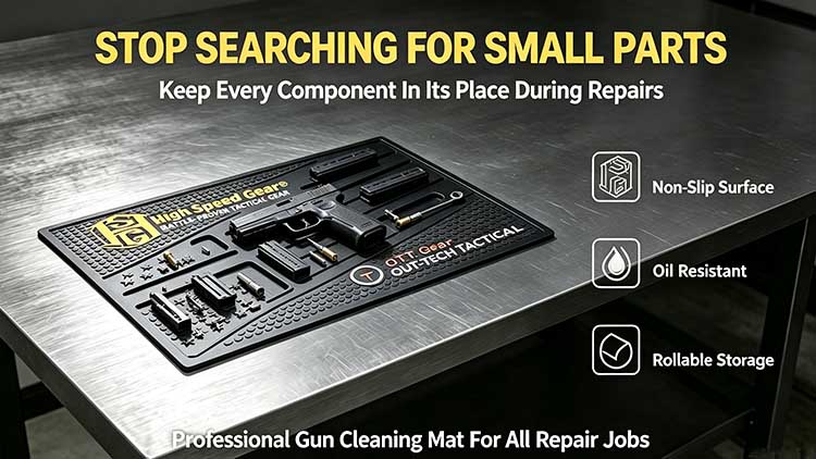 Rubber gun cleaning mat with storage slots on workshop bench for pistol repair and component sorting