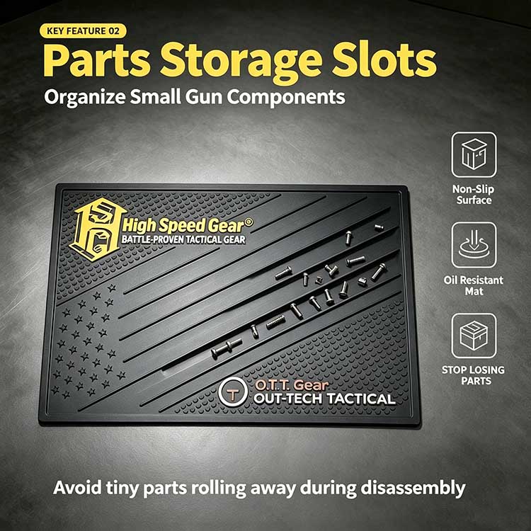 Gun cleaning mat with integrated storage slots to organize small pistol repair components