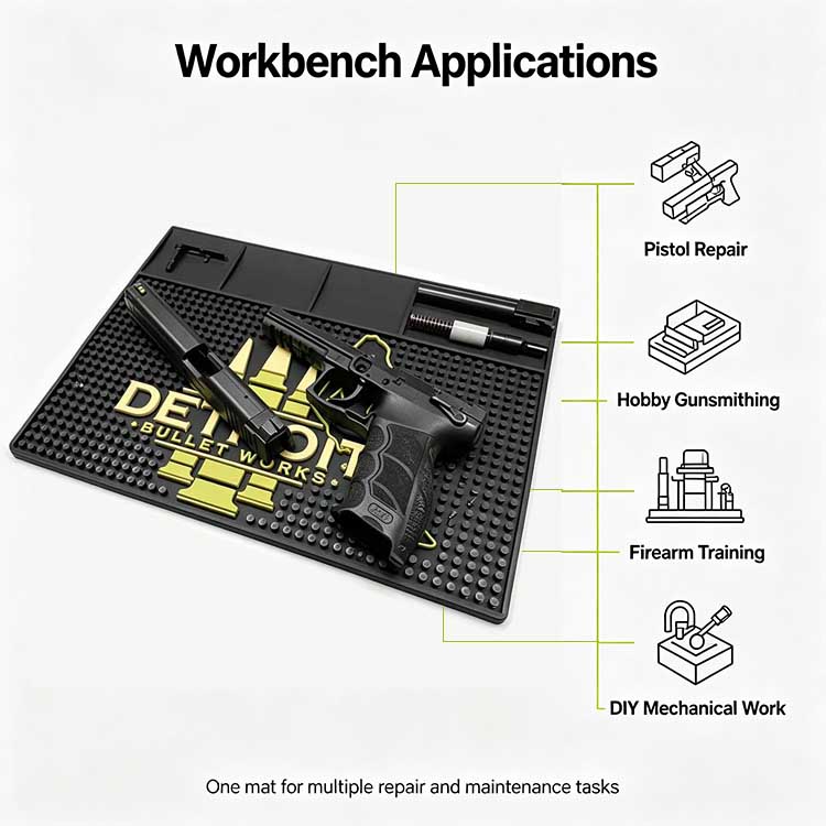 Versatile gunsmithing mat for pistol repair, hobby gunsmithing, and training.