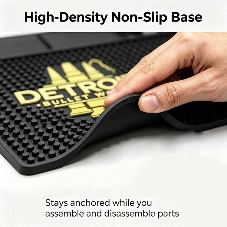 Flexible roll-up rubber gunsmithing mat for compact range bag storage.