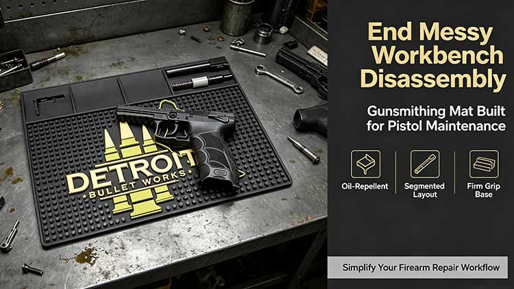 Heavy-duty non-slip gunsmithing mat for pistol maintenance and handgun disassembly. 
