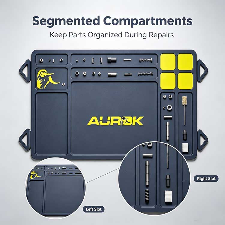 Gun Mats multi-compartment rubber mat sorts all small firearm components for gunsmith disassembly work