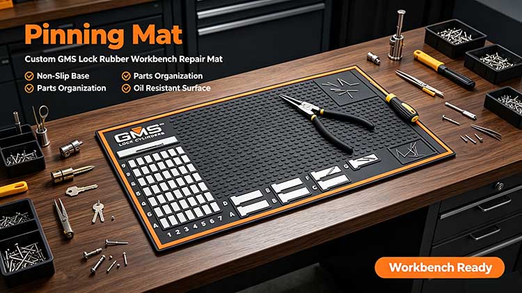 Custom GMS Lock pinning mat for professional locksmith workbench, stop scattered lock pins