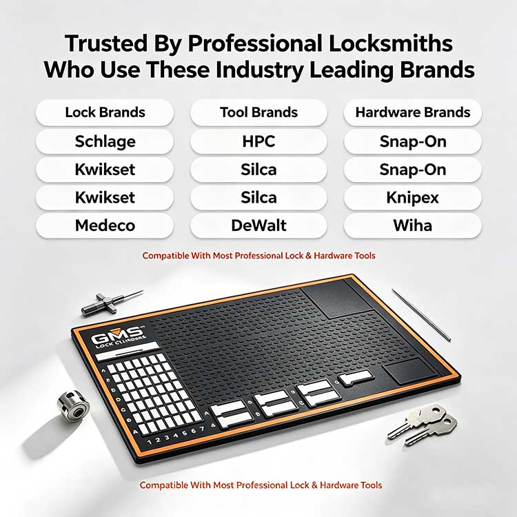 GMS Lock pinning mat industry trust infographic compatible with Schlage, Kwikset, HPC, Silca locksmith brands