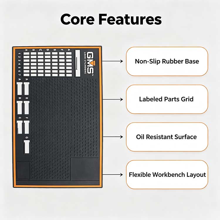 GMS Lock pinning mat core feature diagram showing non-slip base and labeled parts grid