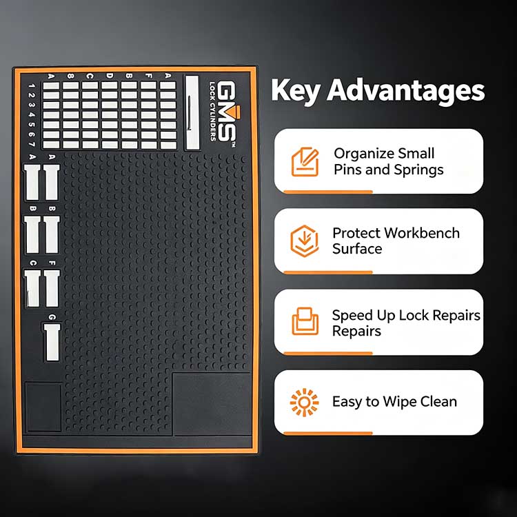 GMS Lock pinning mat key advantages infographic for locksmith workbench organization