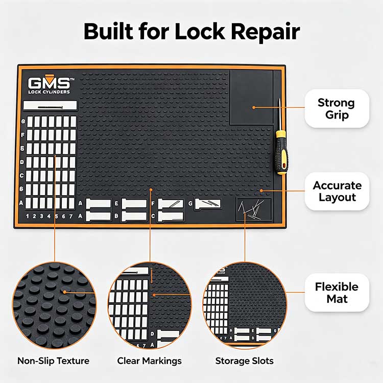 GMS Lock pinning mat close-up infographic showing non-slip texture, clear pin markings and storage slots