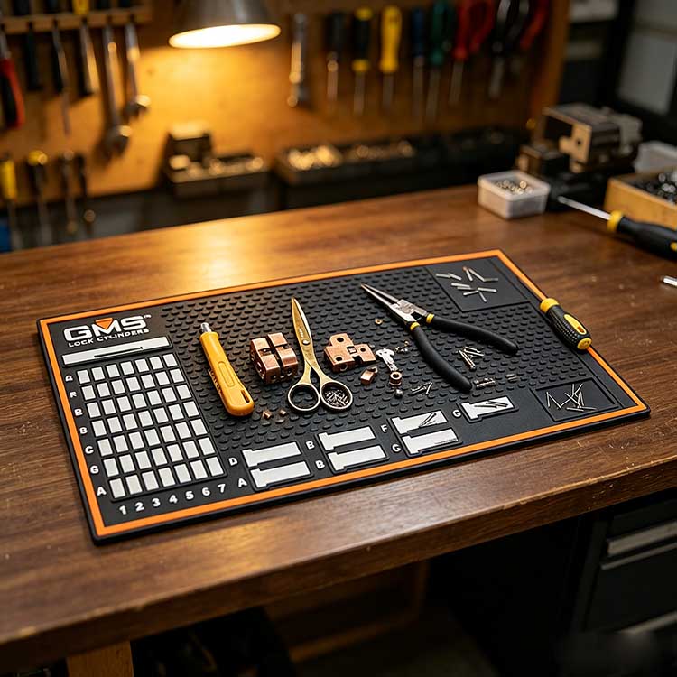 GMS Lock pinning mat real locksmith workbench scene with pliers, scissors and lock parts