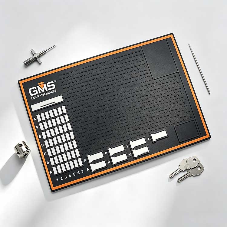 GMS Lock rubber pinning mat white studio shot with lock cylinder and keys