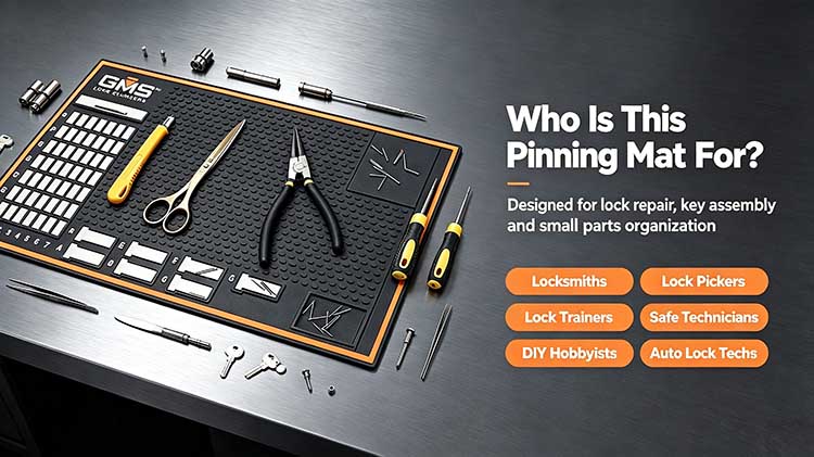 GMS Lock pinning mat target audience banner for locksmiths, auto lock techs, safe technicians and DIY hobbyists