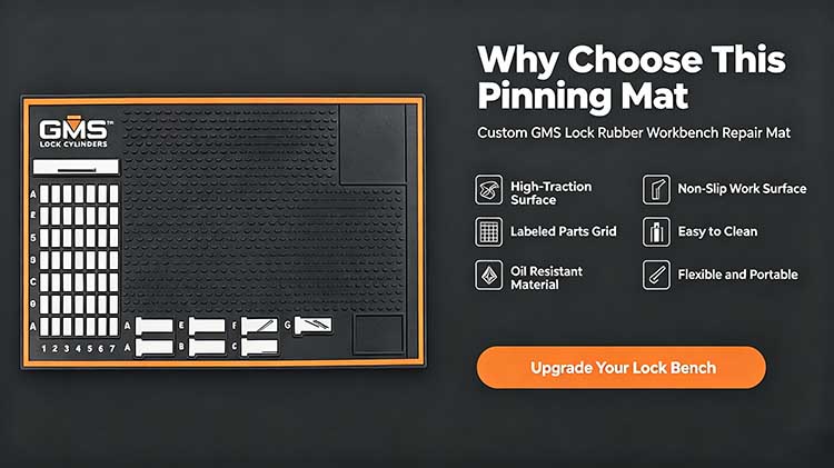 Custom GMS Lock pinning mat why choose banner showing non-slip, oil resistant, labeled grid features