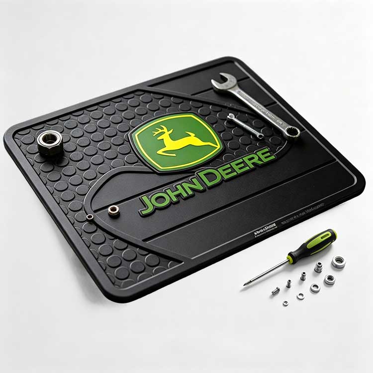 John Deere maintenance mat with non-slip studs and sorting tray for farm hardware.