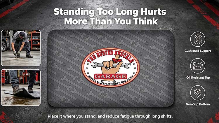 Ultra-thick 19mm rubber anti-fatigue mat for mechanics with non-slip wrench texture and custom logo area.