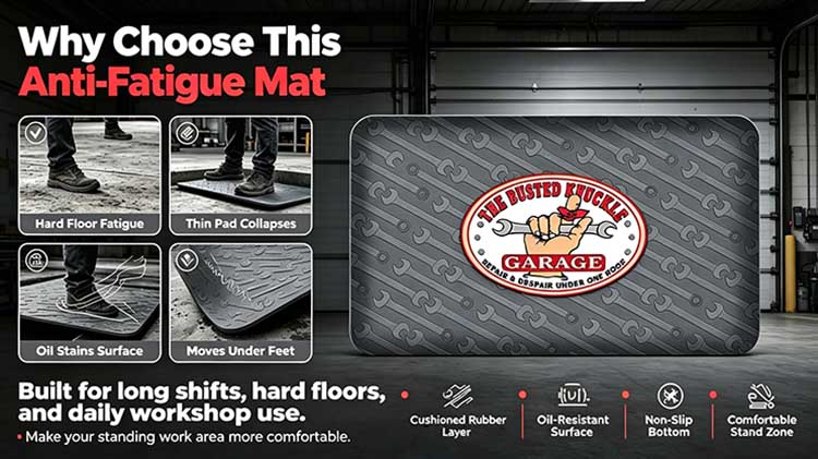 Comparison showing the flaws of a 3mm mat versus the ergonomic benefits of a 19mm anti-fatigue mat.