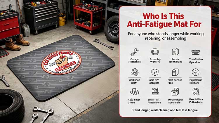 Anti-fatigue mat targeting garage mechanics, assembly workers, and equipment builders for comfort.