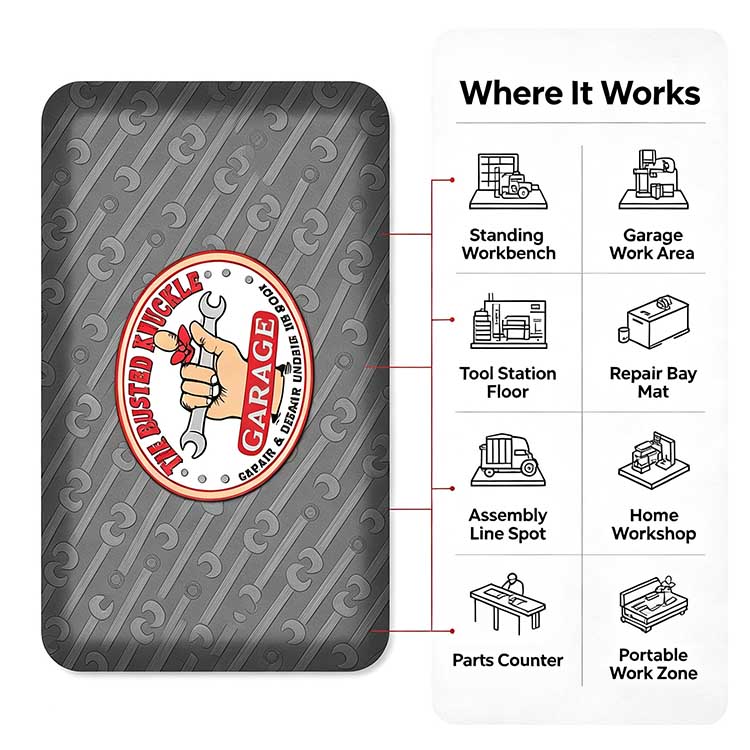Versatile anti-fatigue mat shown in standing workbench, garage work area, and repair bay applications.