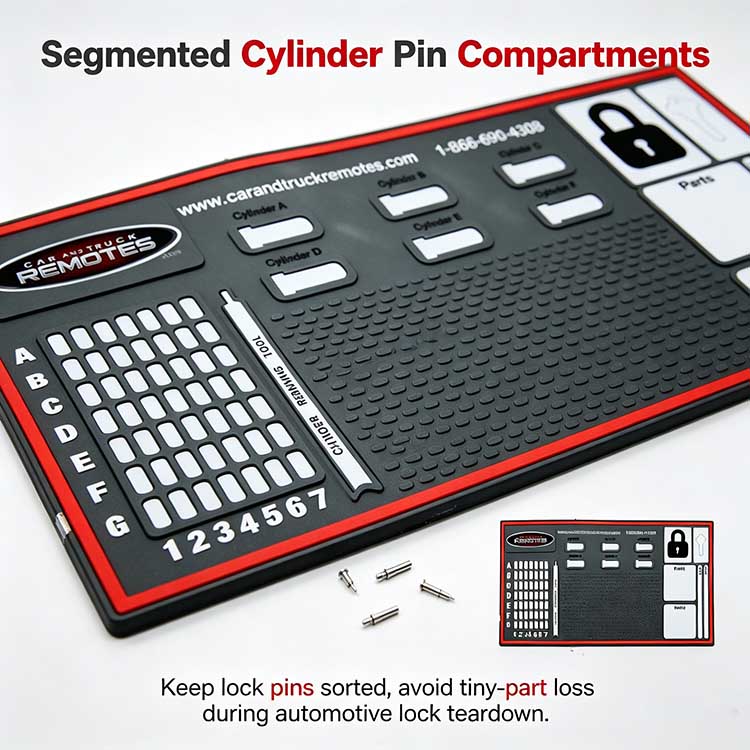 Automotive locksmith mat with A-G and 1-7 sorting grid for car lock pins.