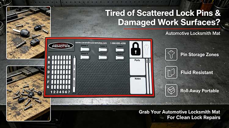 Automotive locksmith mat with red border and A-G cylinder pinning grid for car key servicing.