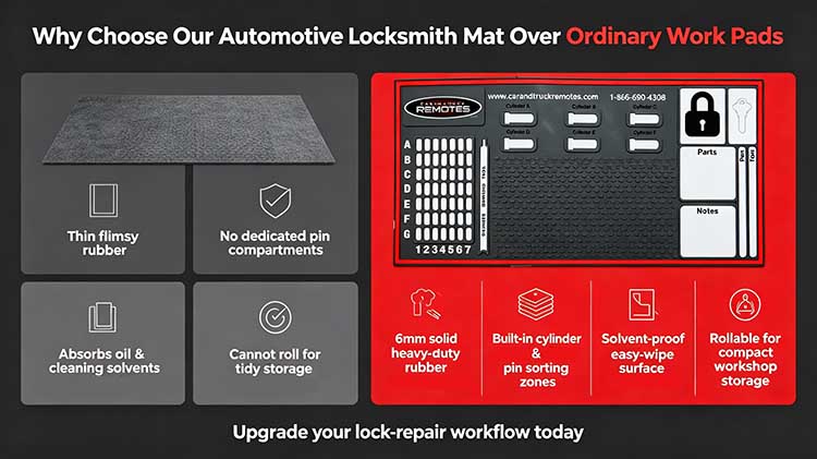 Comparison of ordinary work pad versus 6mm automotive locksmith mat with grid.