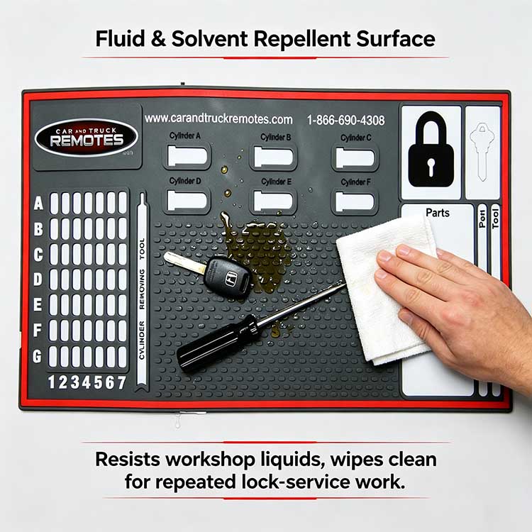 Fluid and solvent repellent automotive locksmith mat wiping clean easily.