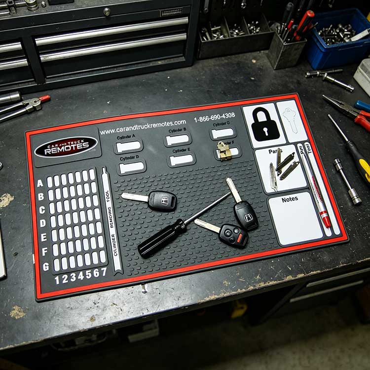 Automotive locksmith mat in a workshop setting holding car keys and a lock cylinder.