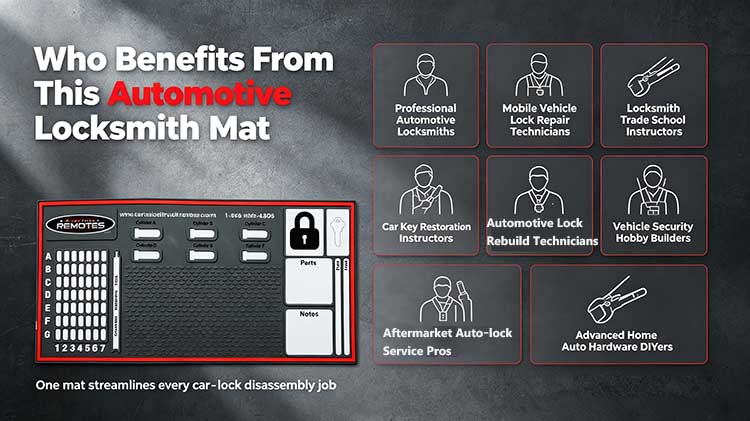 Automotive locksmith mat for professional techs mobile lock repair and instructors.