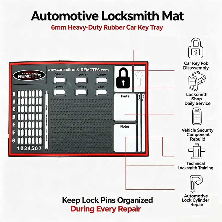 Multi-scenario automotive locksmith mat for auto shops and mobile techs.